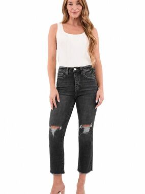 High-Rise Straight Cropped Distressed Jeans - Black